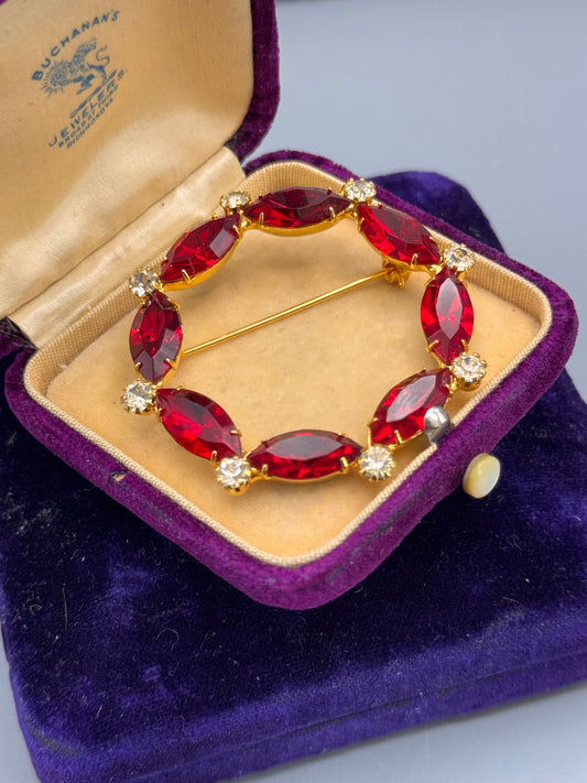 Vintage Circle Brooch Rhinestone Red Clear Goldtone Vintage 2” Scarf Pin