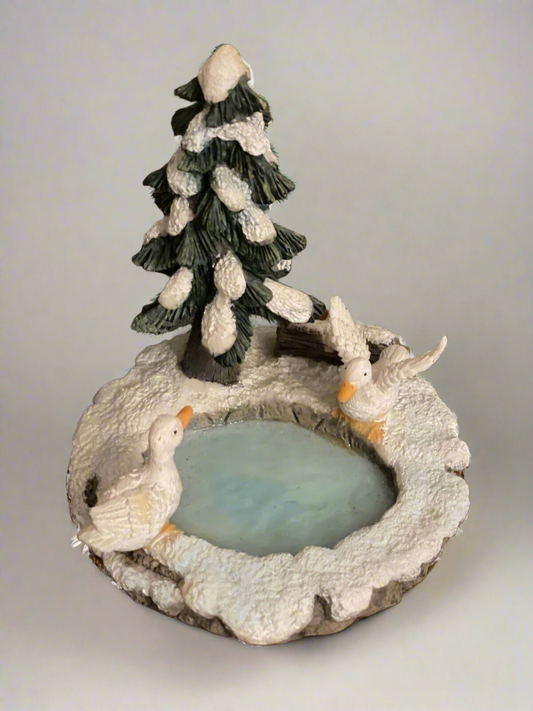 Winter Christmas Tree w 2 Geese + Pond Statue Figurine Christmas Village