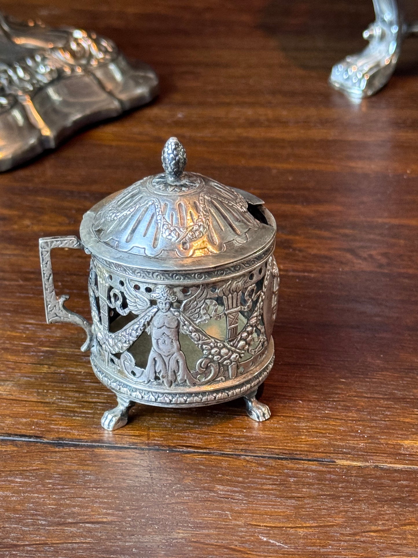 Antique Silverplate Mustard Pot Holder Case No Glass Insert Figural Footed 3”