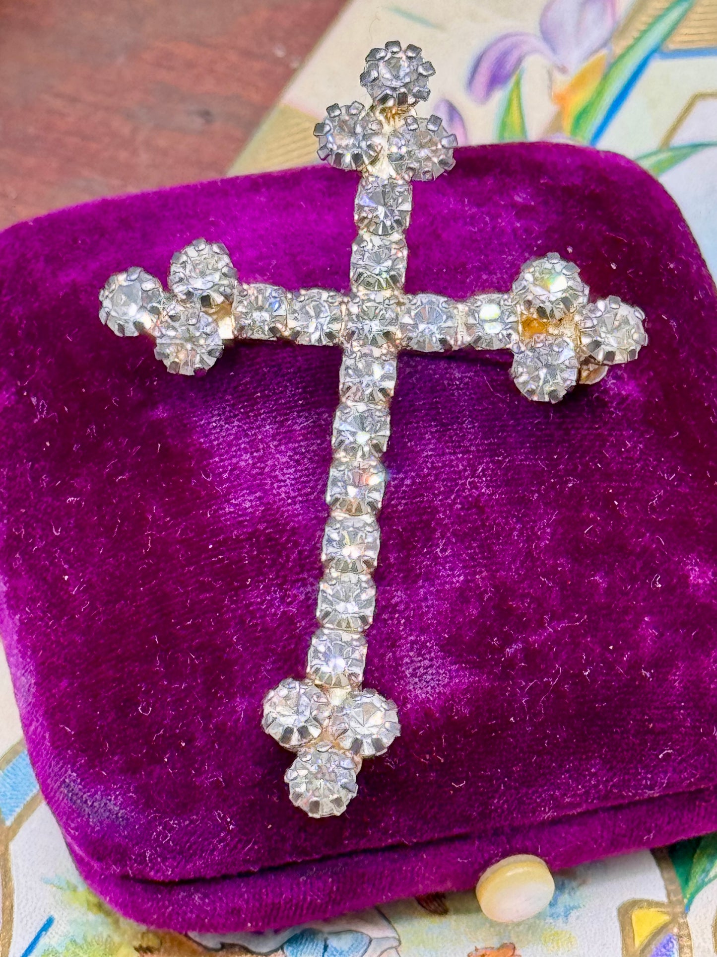 Vintage Rhinestone Cross Brooch Silvertone 2.125” Statement Pin