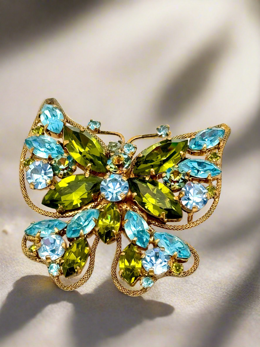 Vintage Austria Rhinestone Butterfly Brooch Signed Aqua Blue & Green