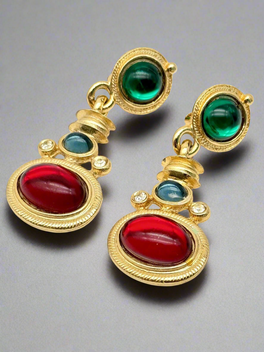 Vintage 80s Earrings Dangle Drop Goldtone Cabochon Rhinestone Green Red Blue