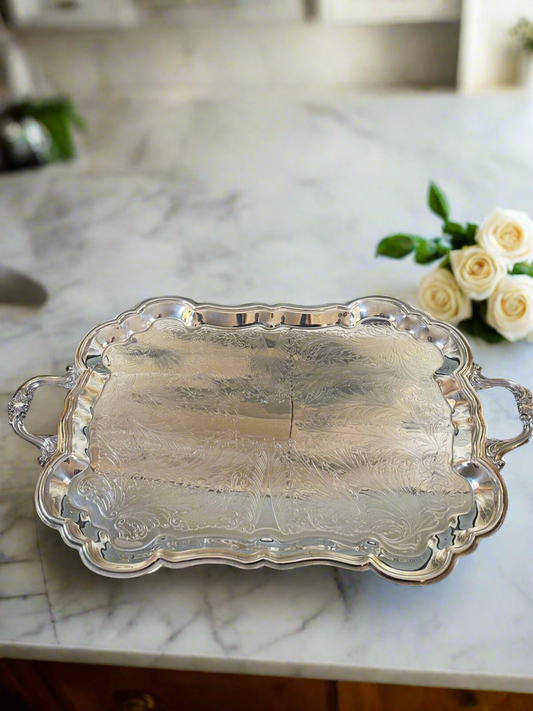 Silverplate Tray Victorian Style American Rogers HANDLED & Footed Chased VINTAGE