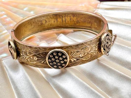 Vintage Brass Hinged Bangle Bracelet Black Enamel Medallions 6.75”