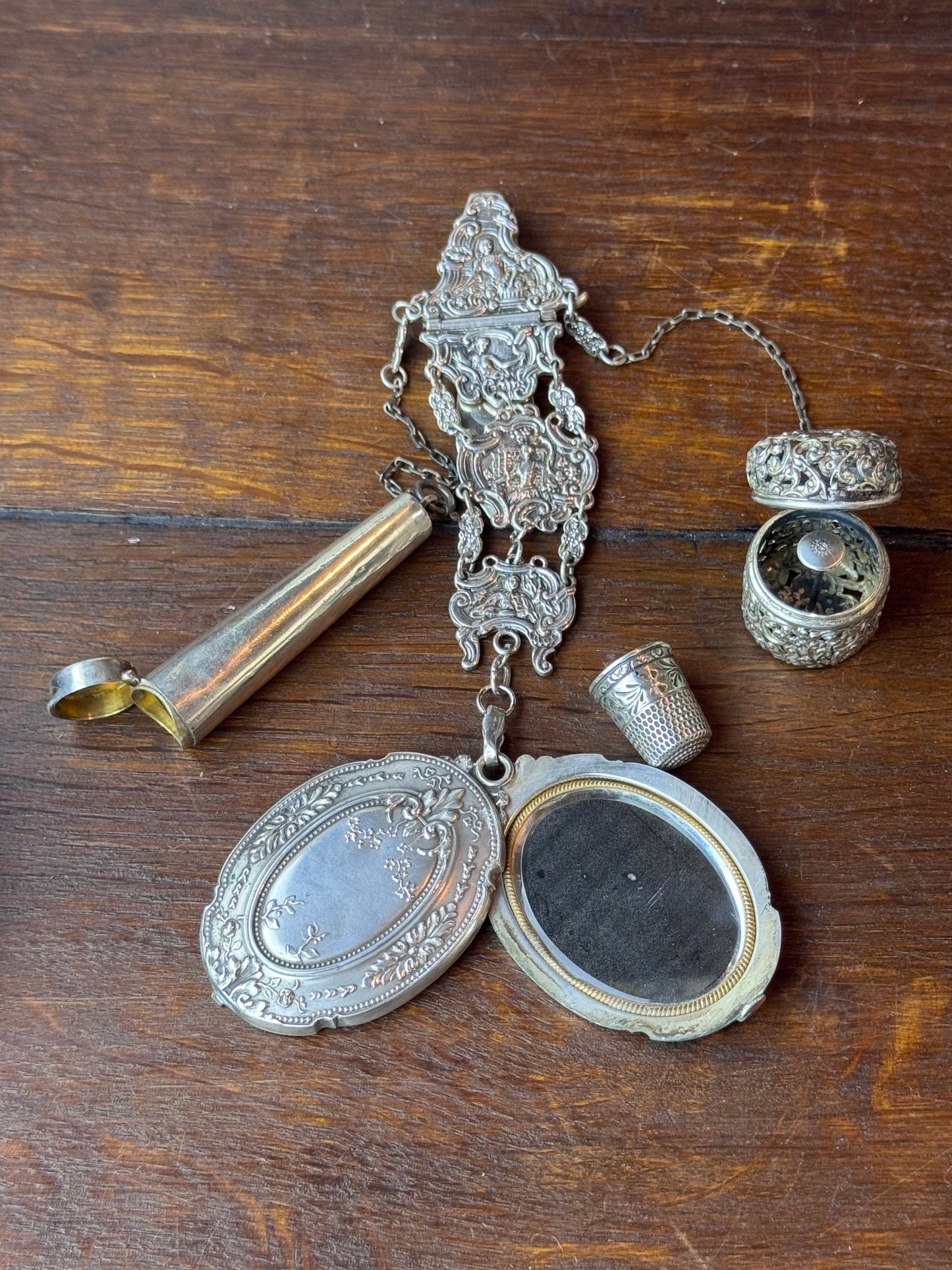 Antique Sterling Silver Chatelaine Mirror Needle Case Thimble 1911 Birmingham 8”