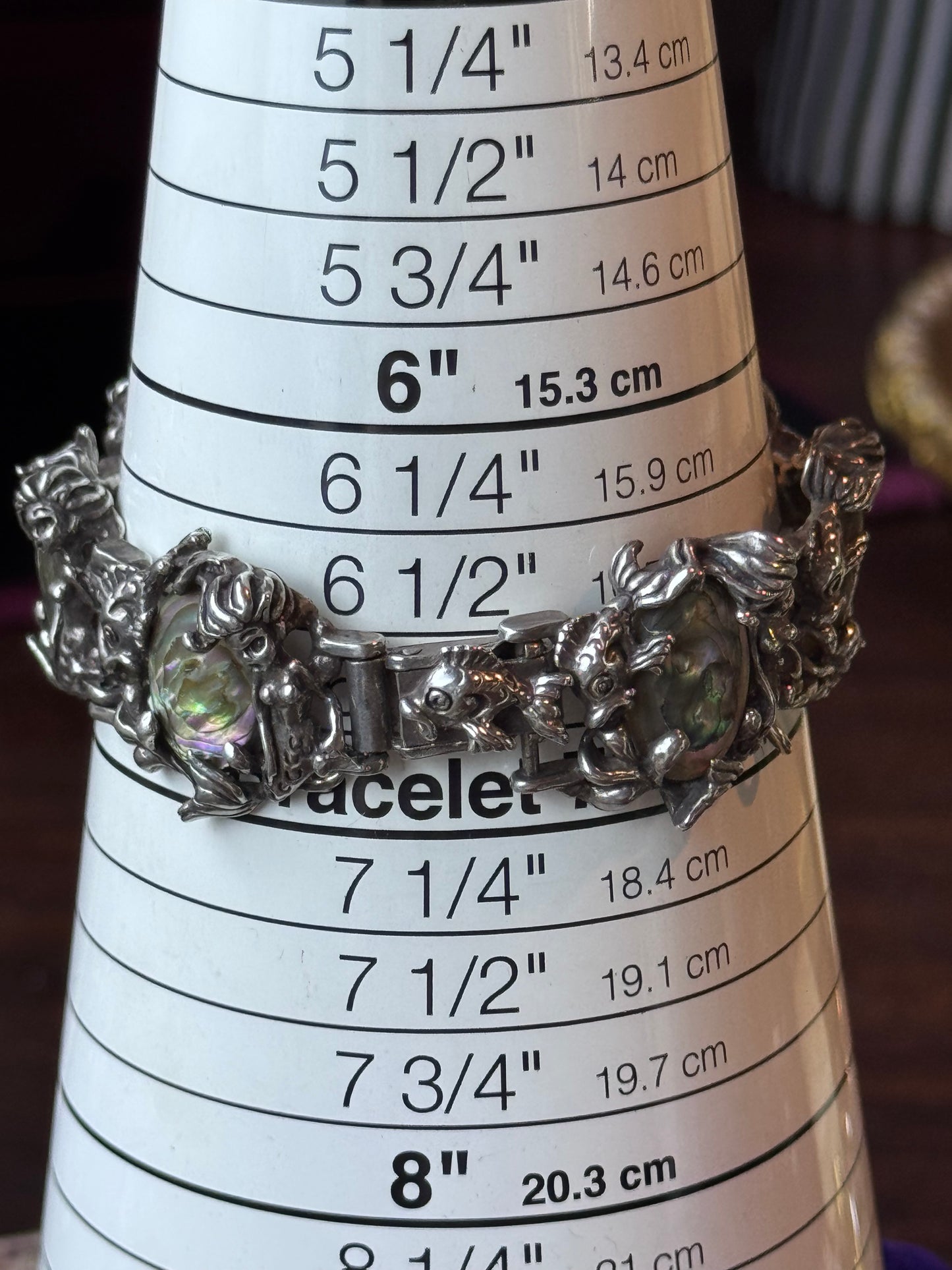Vintage Sterling Mermaid Abalone Bracelet Fish Clasp 6.5” Art Nouveau Style