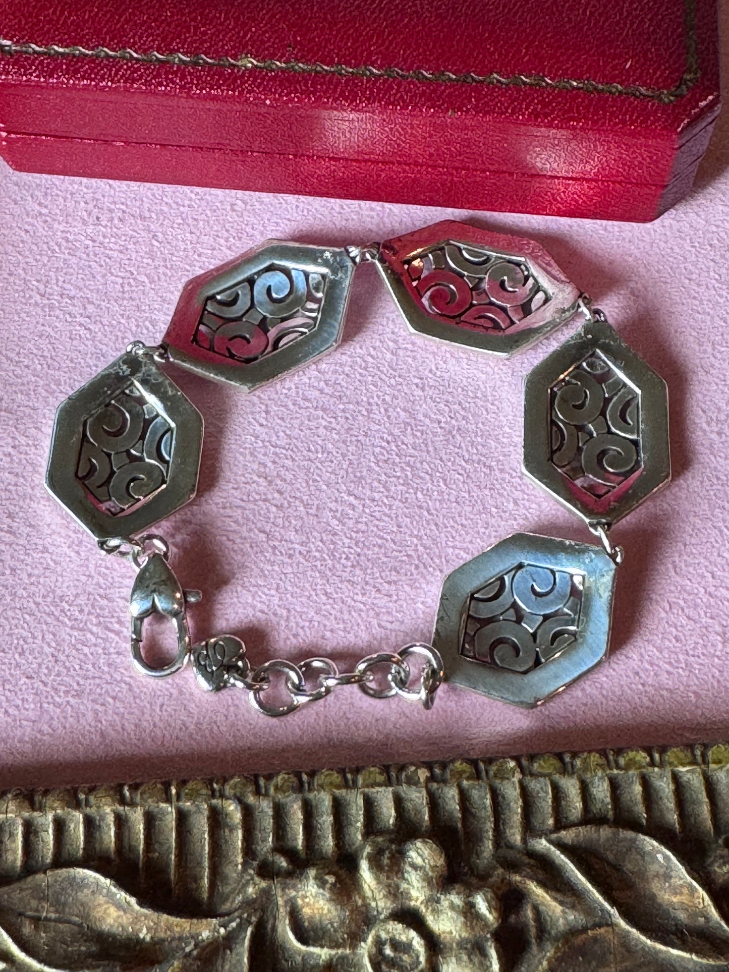 Vintage Brighton Silvertone Bracelet Openwork Panels Crystal Accents 7”-7.75”