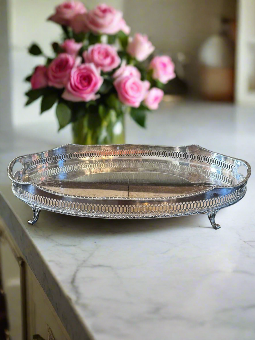 Silverplate Footed Gallery Tray Serpentine Edge Chased by WALLACE