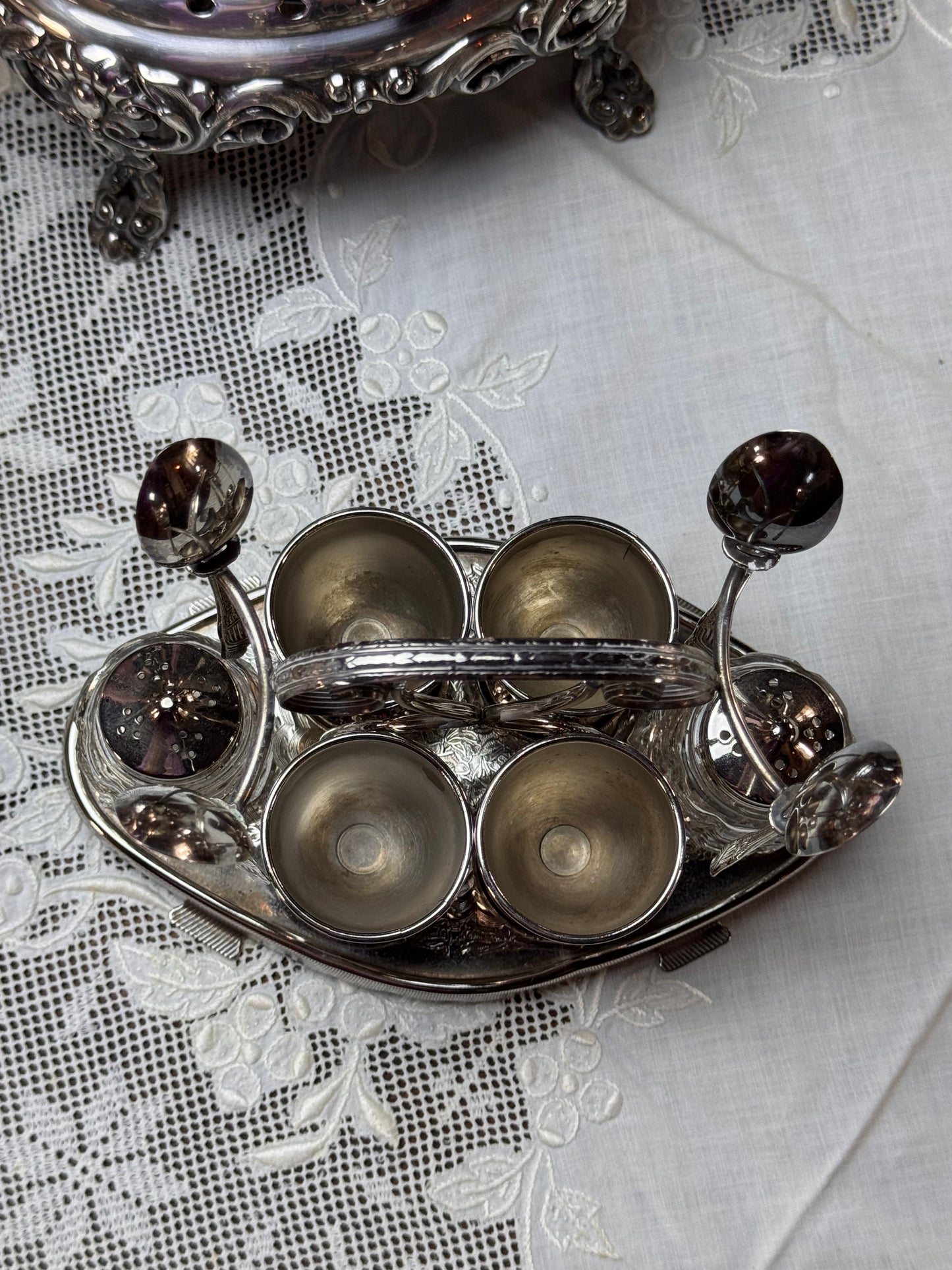 Early 20th Century Chrome Egg Cruet Set Apostle Spoons Salt Pepper Server 8”