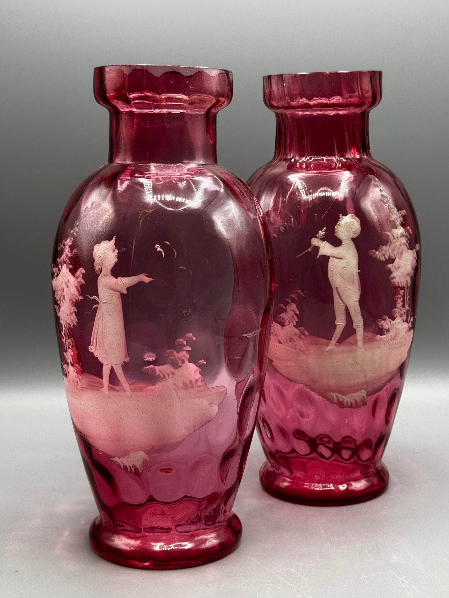Vintage Pair Mary Gregory Style Cranberry Glass Vases Boy & Girl 10.5”