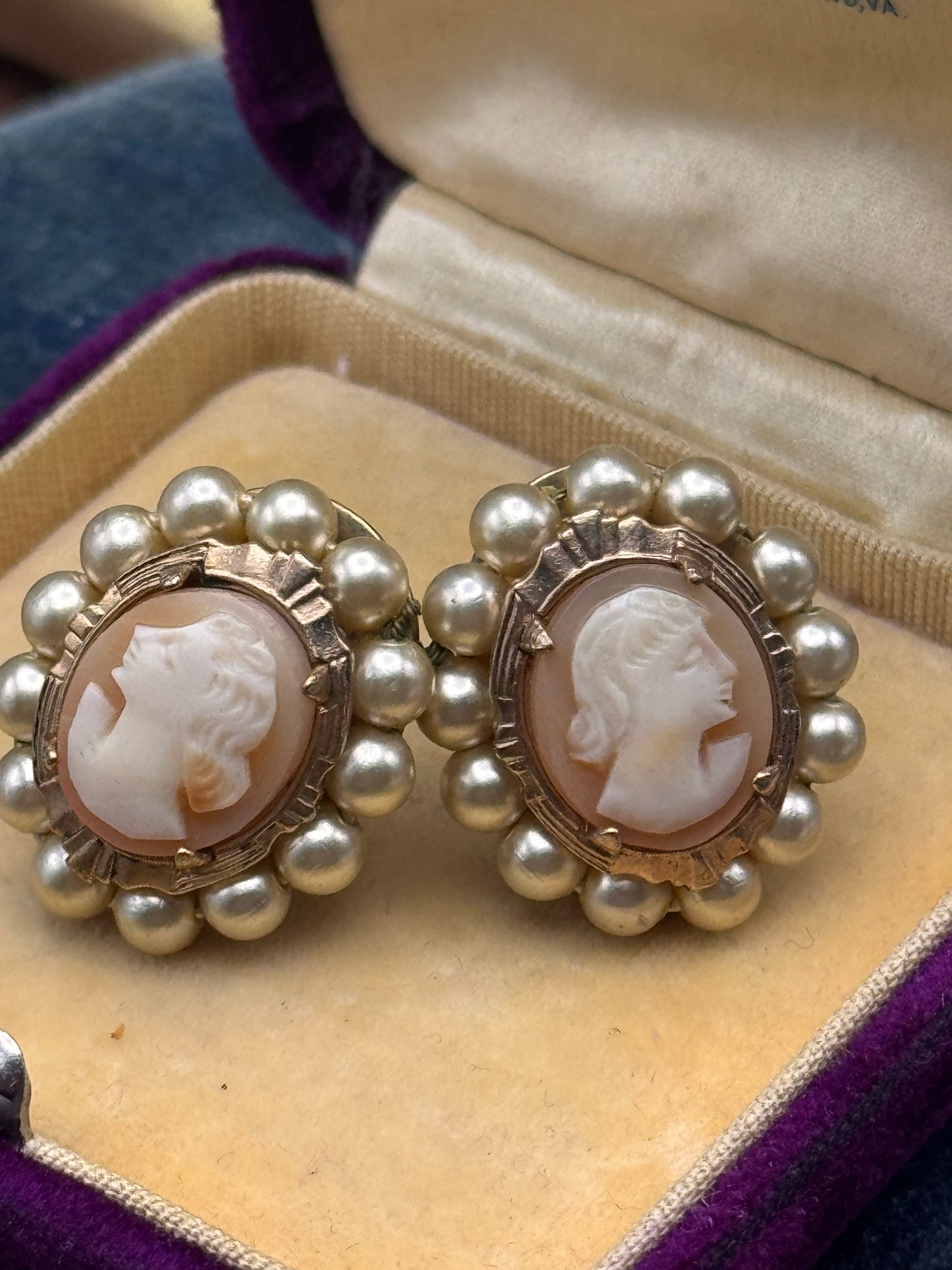 Edwardian Style Shell Cameo Earrings Faux Pearl Halo Screw Back .75”
