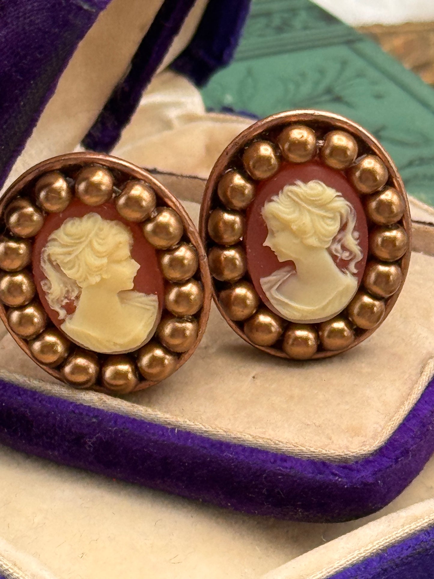Vintage Copper Tone Faux Cameo Clip-On Earrings Estate Find