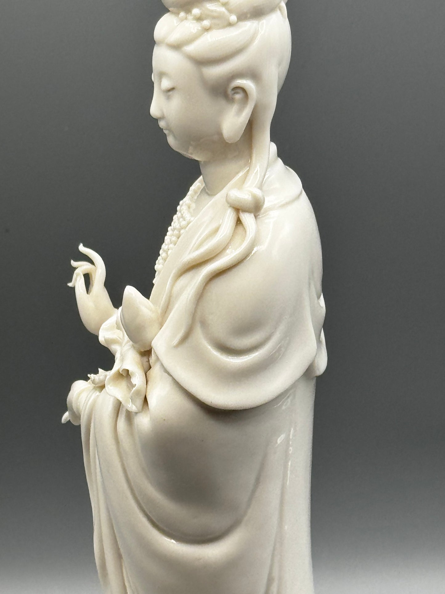 Vintage Blanc de Chine Guanyin Figurine Standing on Dragon 11.5”