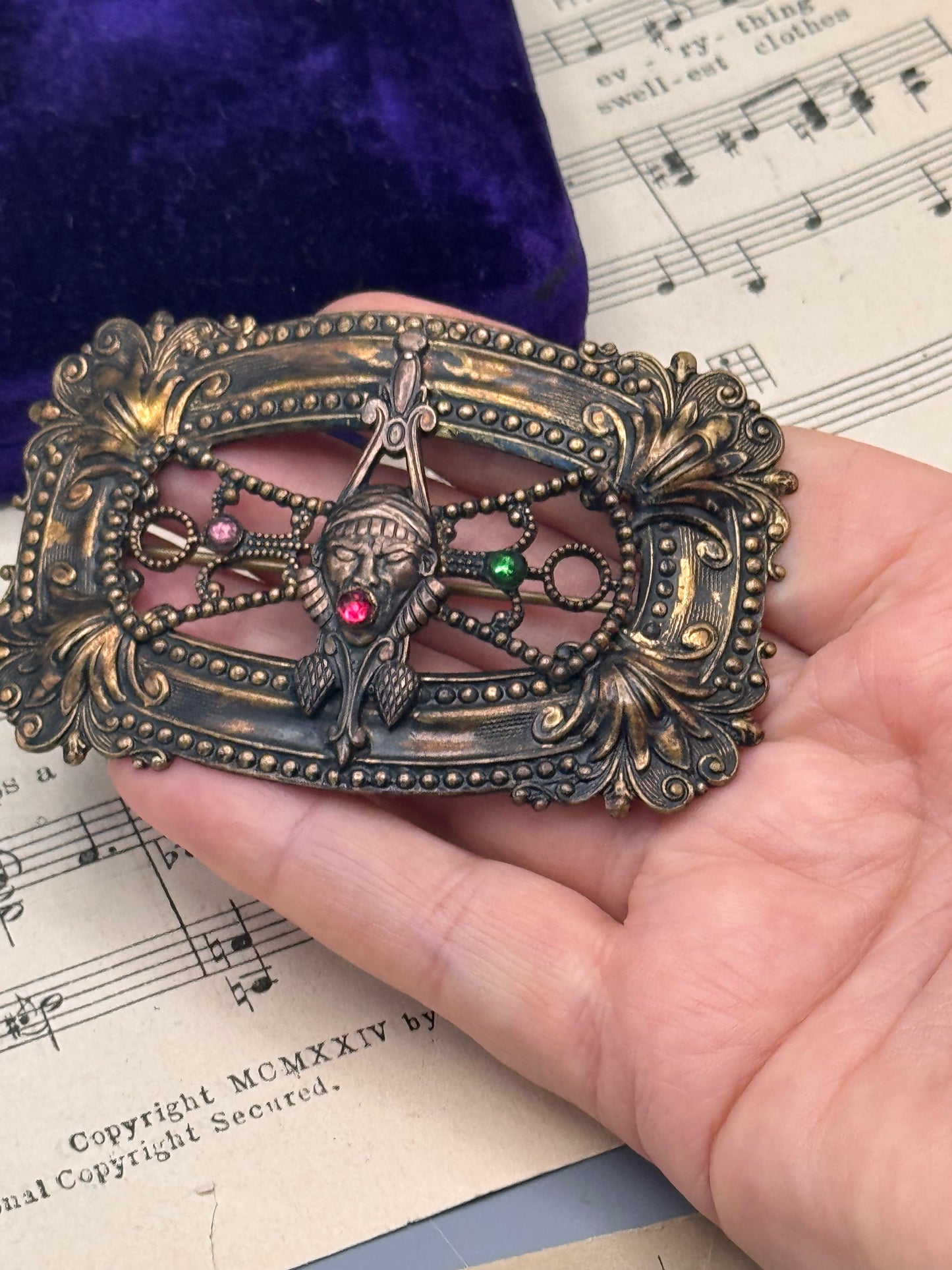 RARE Vintage Sash Brooch Fortune Teller Figural Rhinestone Statement 3.25”