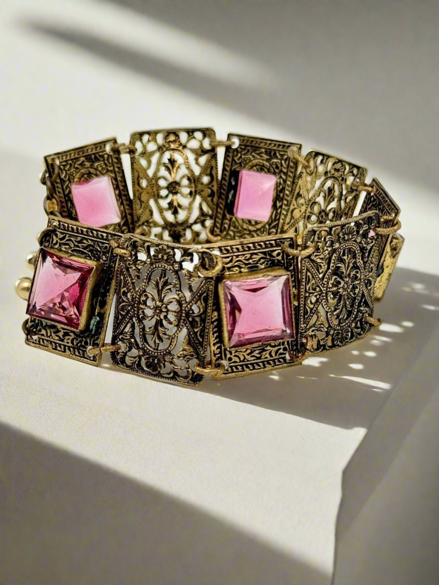 Antique Czech Pink Glass Stone Filigree Panel Bracelet SIGNED Made In Czech