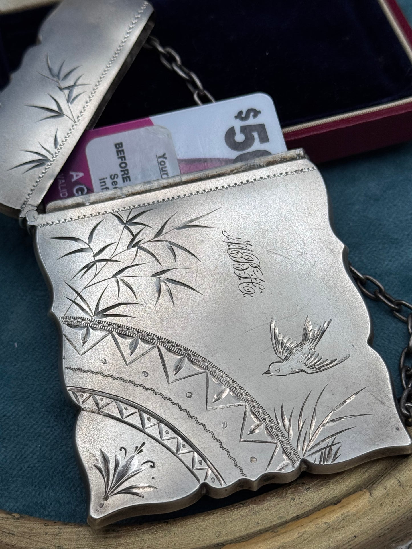 Antique Victorian Calling Card Case Aesthetic Movement Bird Bamboo STERLING Silver - Monogram MBH Fits Credit Card!!