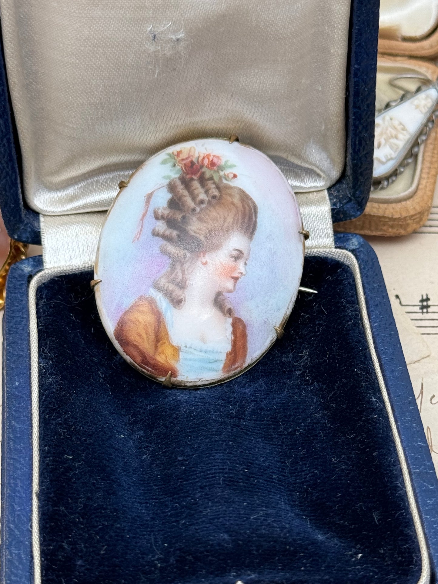 Antique French Style Miniature Brooch Porcelain Lady Roses In Hair