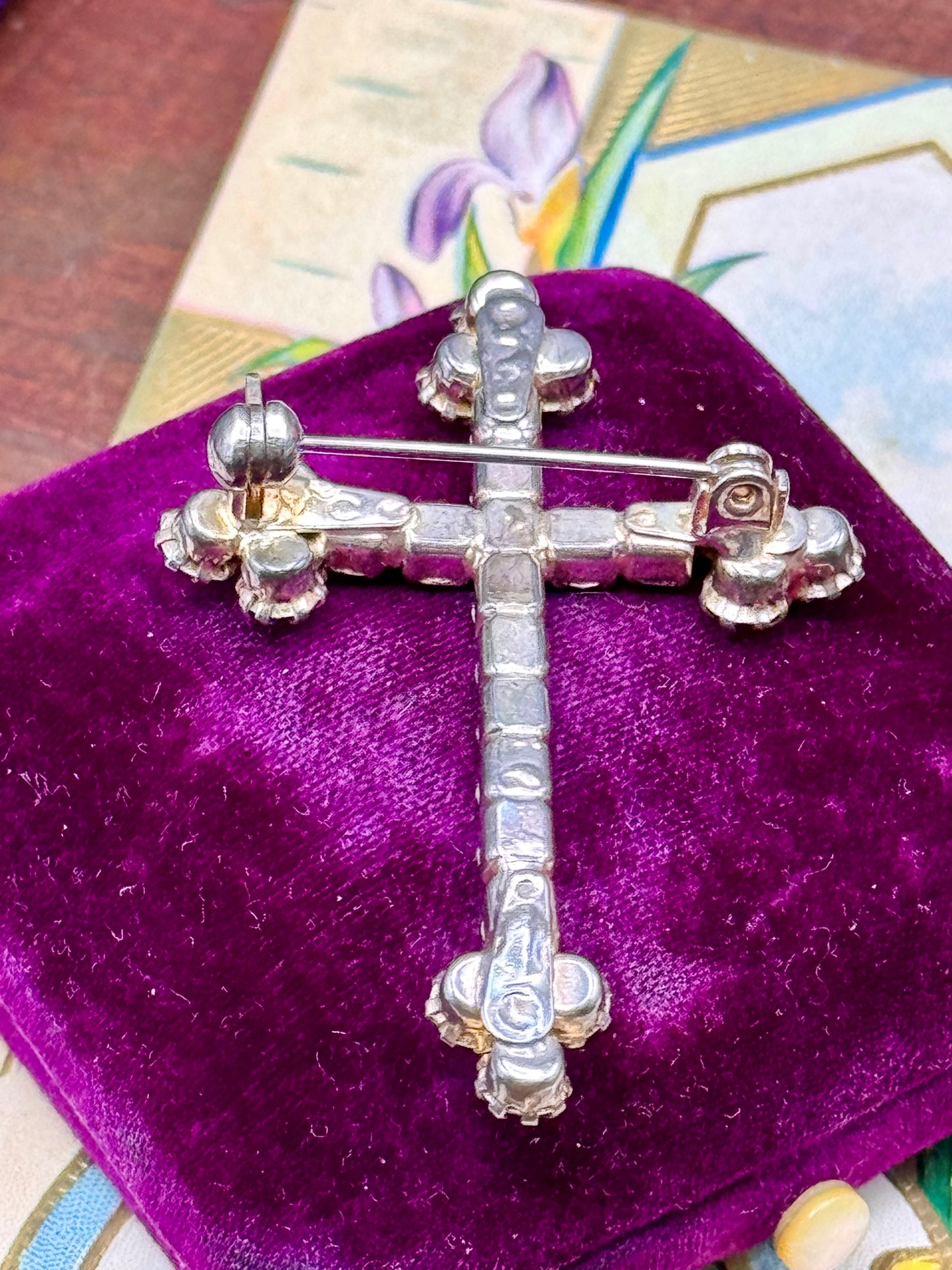 Vintage Rhinestone Cross Brooch Silvertone 2.125” Statement Pin