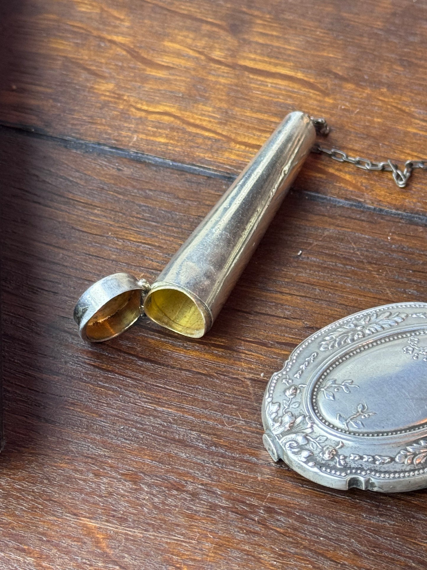 Antique Sterling Silver Chatelaine Mirror Needle Case Thimble 1911 Birmingham 8”