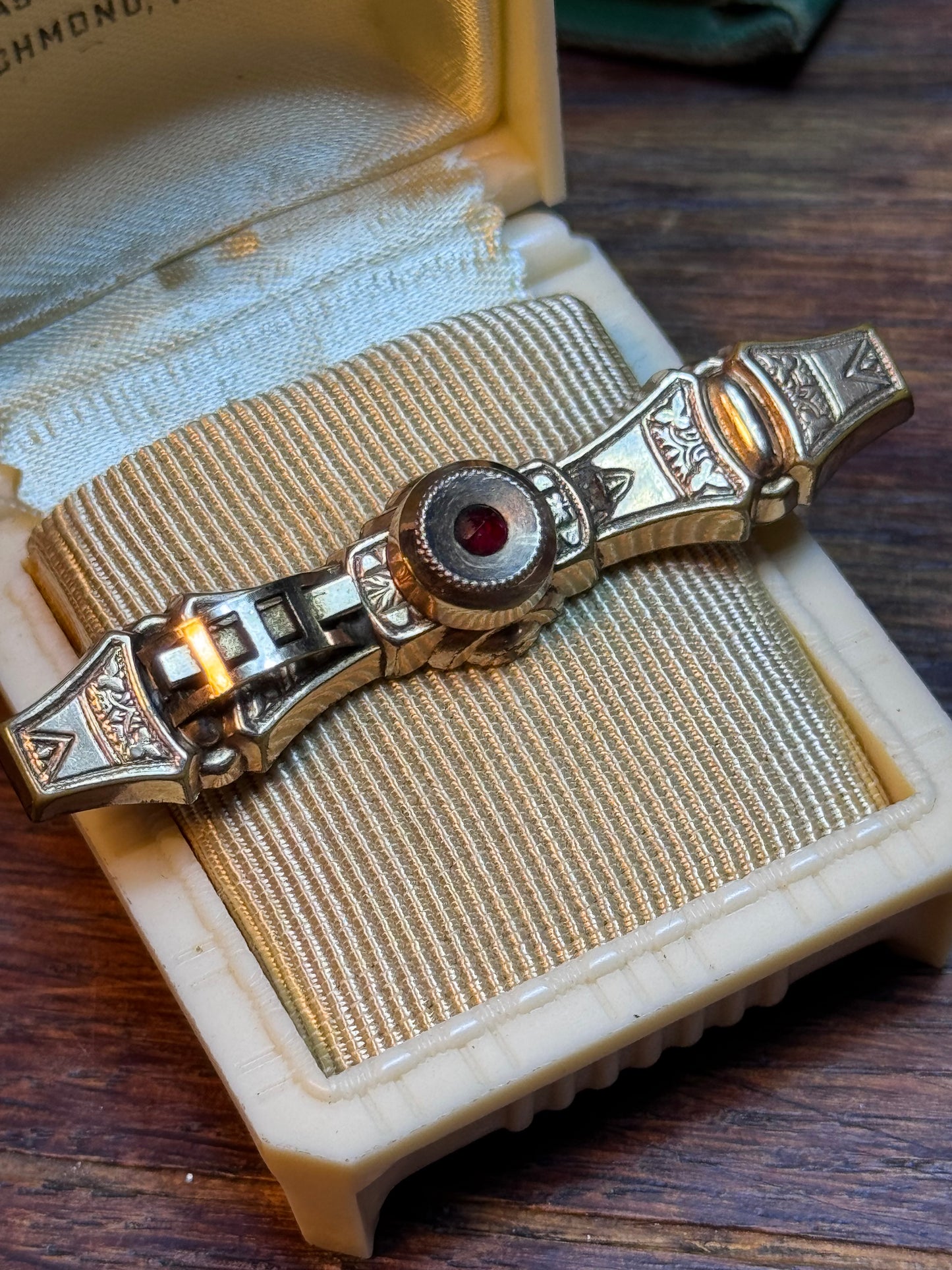 Victorian Gold Filled Bar Pin Ruby Red Paste Stone Engraved Antique Brooch