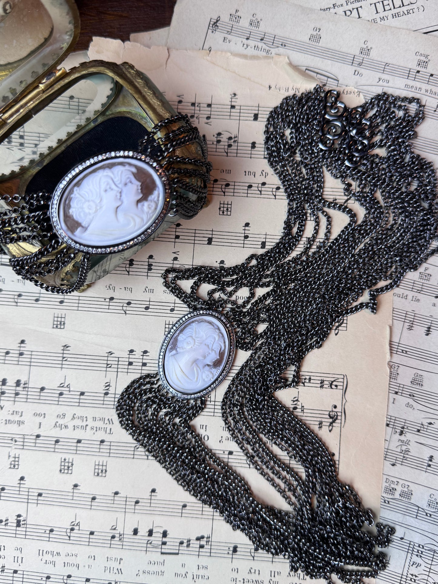 Cameo Necklace 32” & 7.25” Bracelet Gunmetal Multi Strand - Estate Find