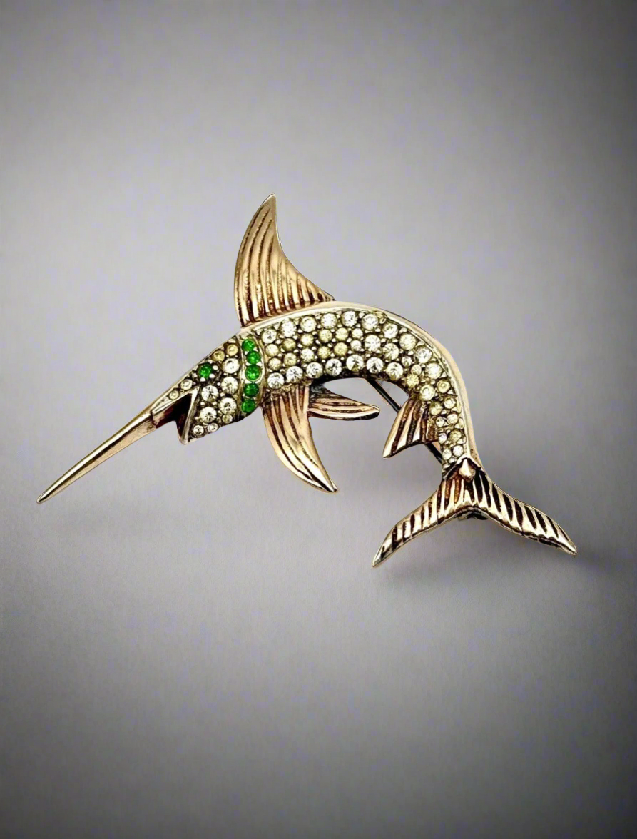 Vintage Sterling Silver Vermeil Swordfish Rhinestone Brooch 1940s ICONIC Style