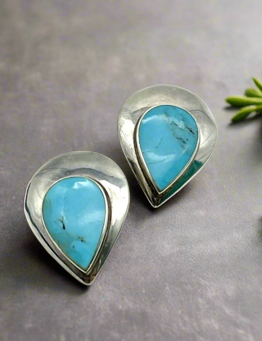 Vintage Sterling Silver Turquoise signed Earrings Clip On Estate Find