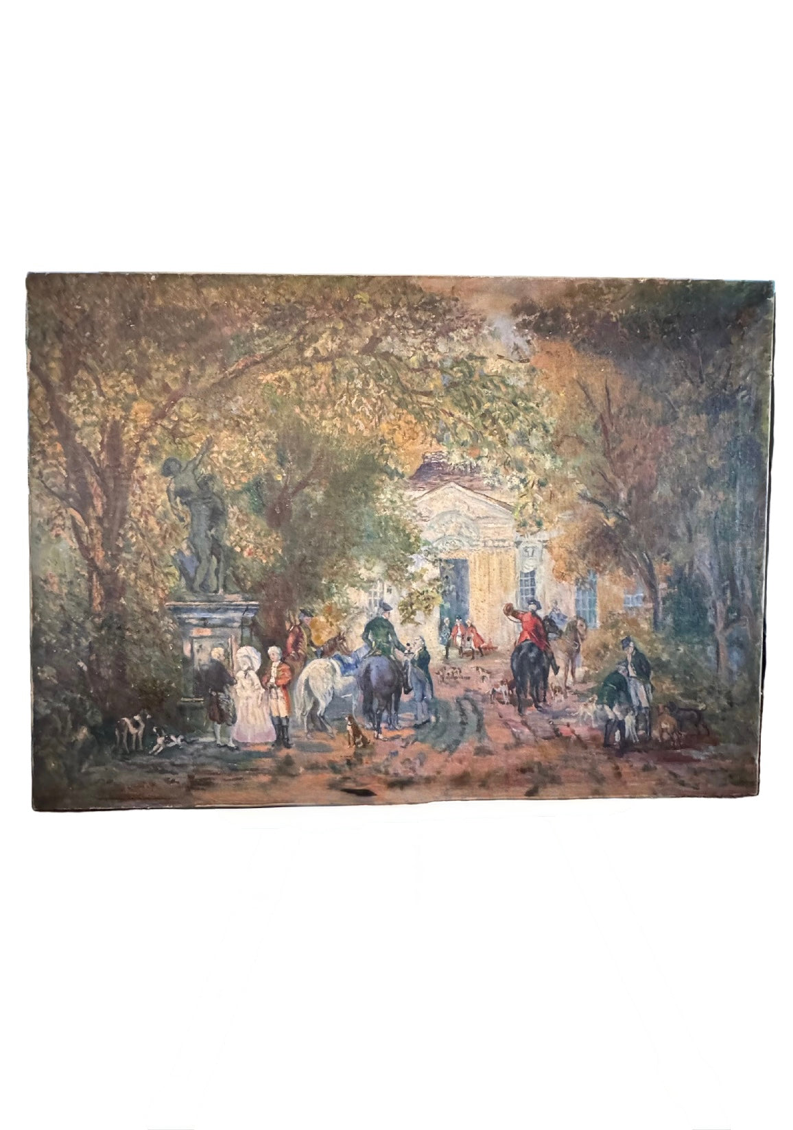 Vintage Oil Painting Fox Hunt Scene Country House Equestrian 35 X 25”