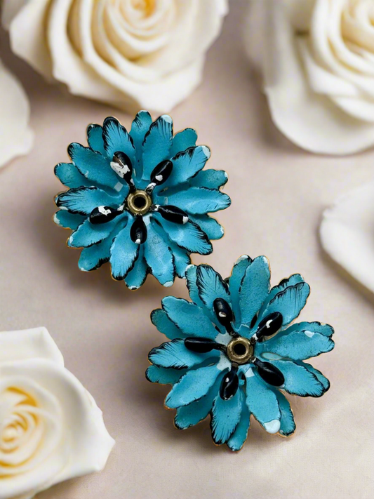 Vintage Aqua Blue Metal Flower Clip On Earrings