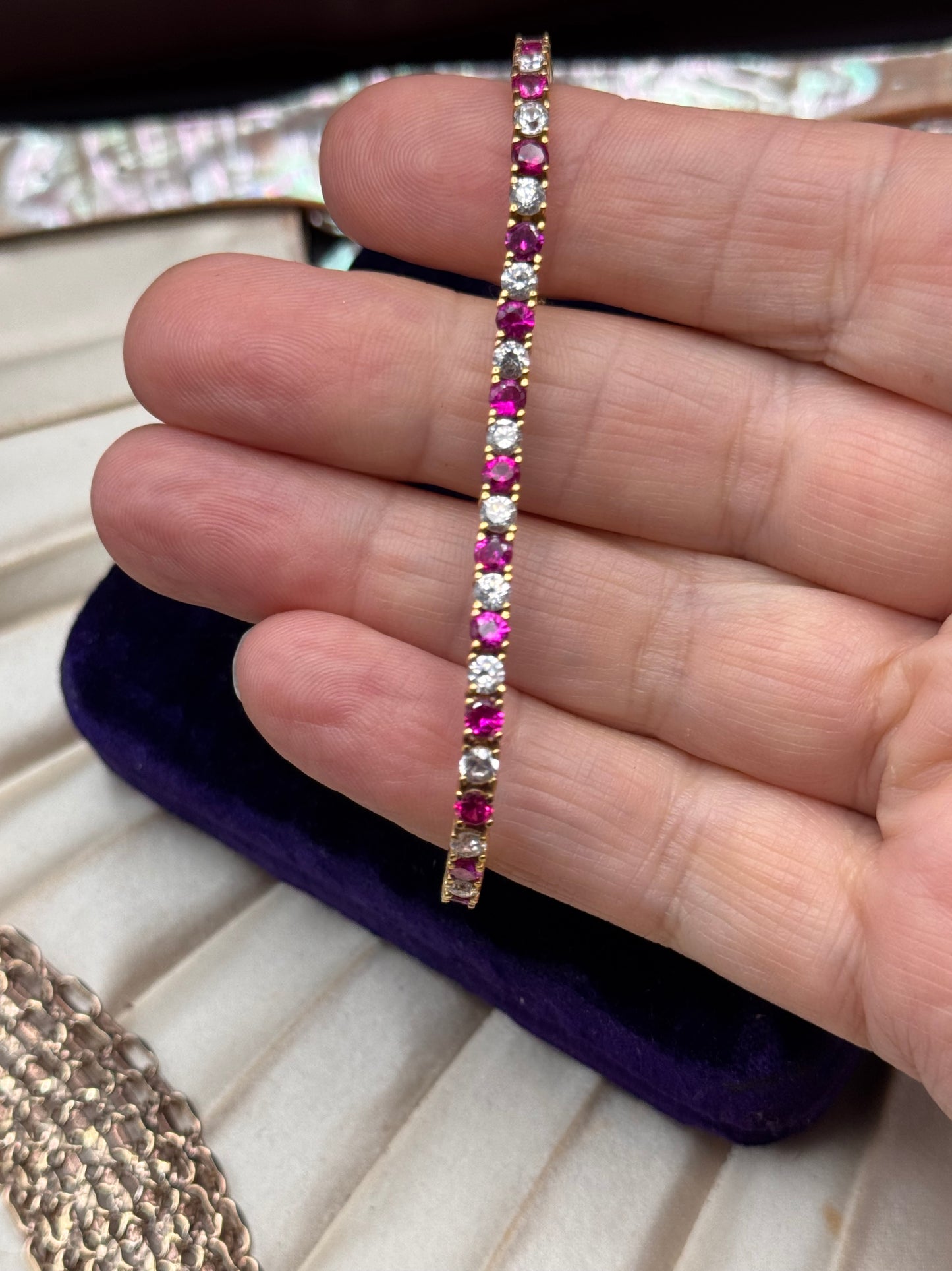 Vintage Tennis Bracelet Pink Clear Stones 925 Gold Vermeil 6.75”