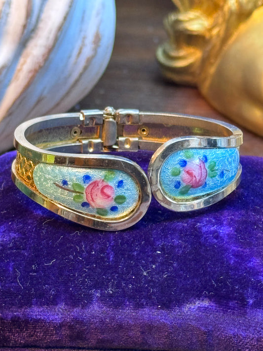 Vintage Guilloché Floral Clamp Bracelet Silver Goldtone Rose Design 6”