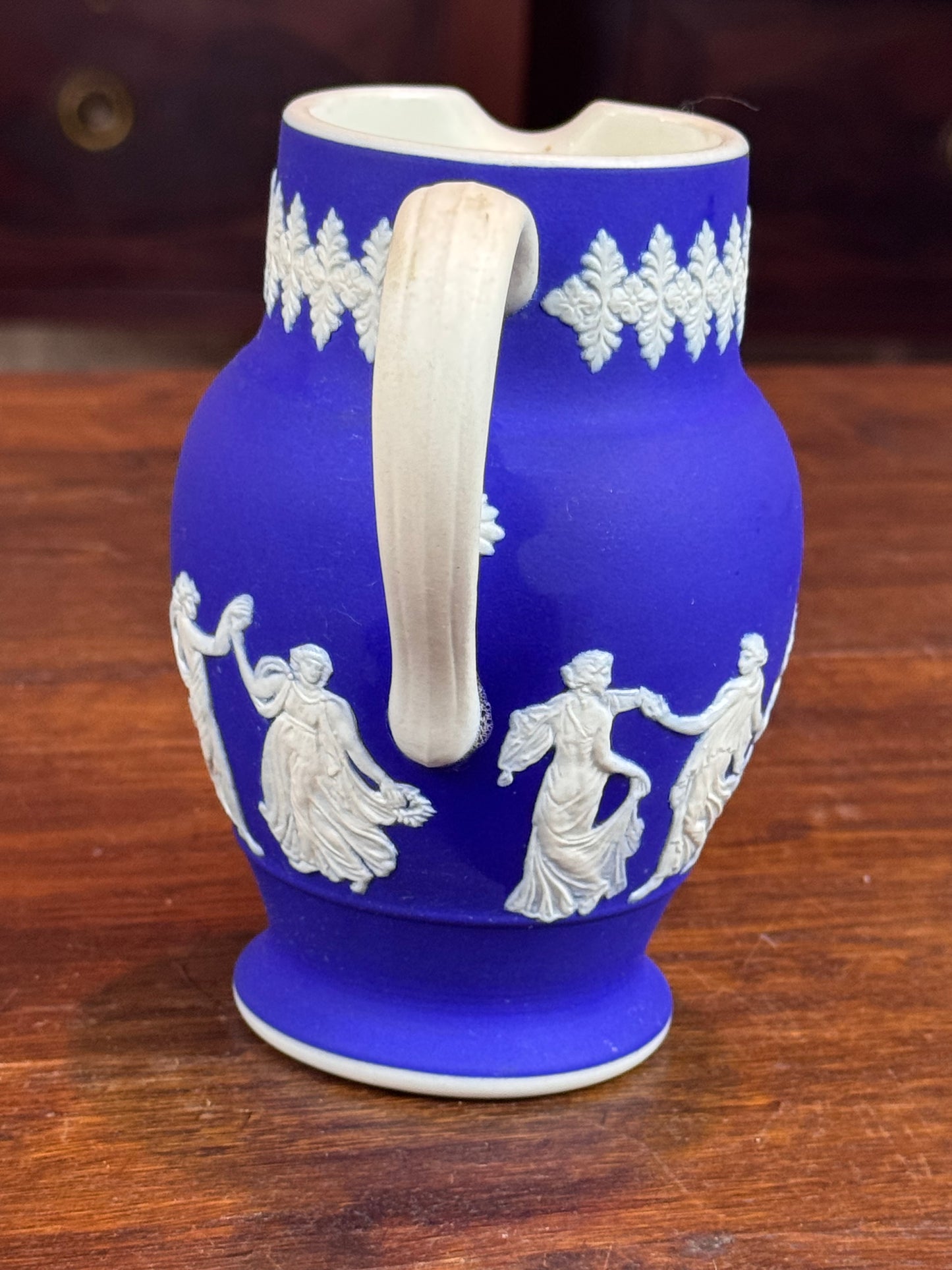 Vintage Dudson Hanley Jasper Ware Pitcher Jug Cobalt Blue Dancing Figures 5.5”