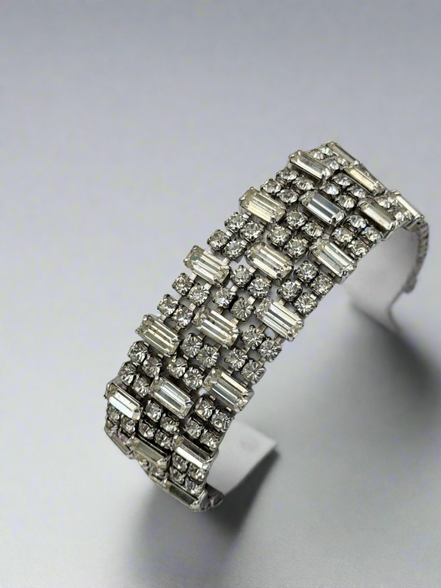 Vintage WIDE Rhinestone Bracelet 3 Row Clear 1950-60s Estate Find 7.5”l