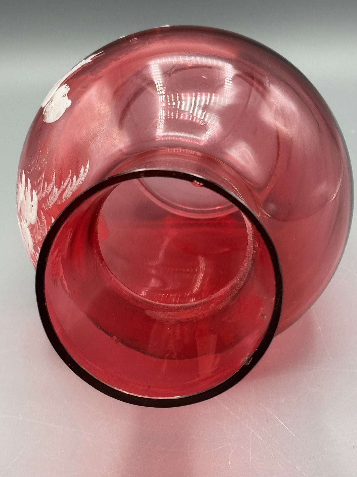 Vintage Mary Gregory Style Cranberry Glass Vase Hand Painted Child 8.5”