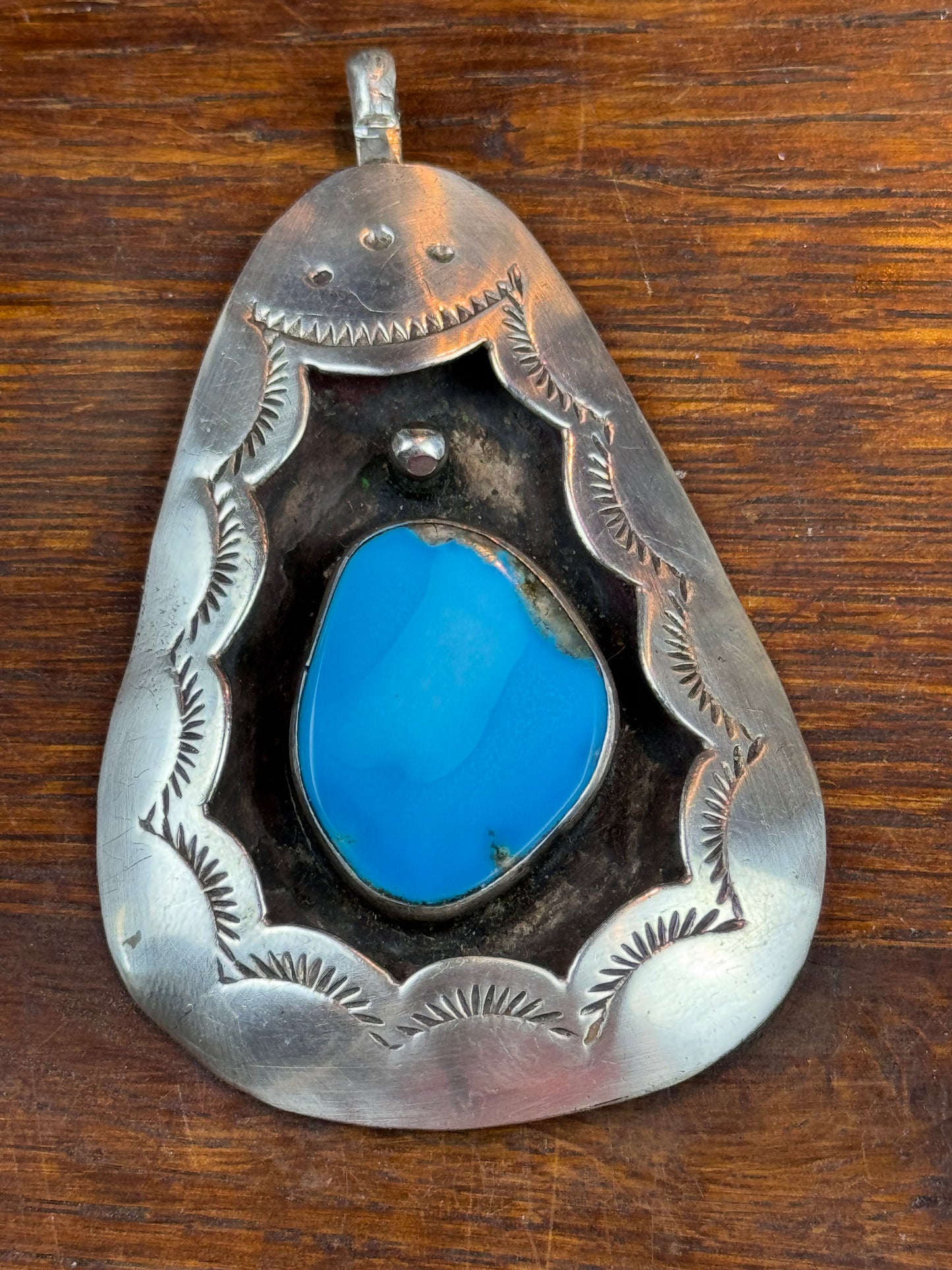 Vintage Silver Turquoise Pendant Signed Ashley Southwestern Large 2.5”