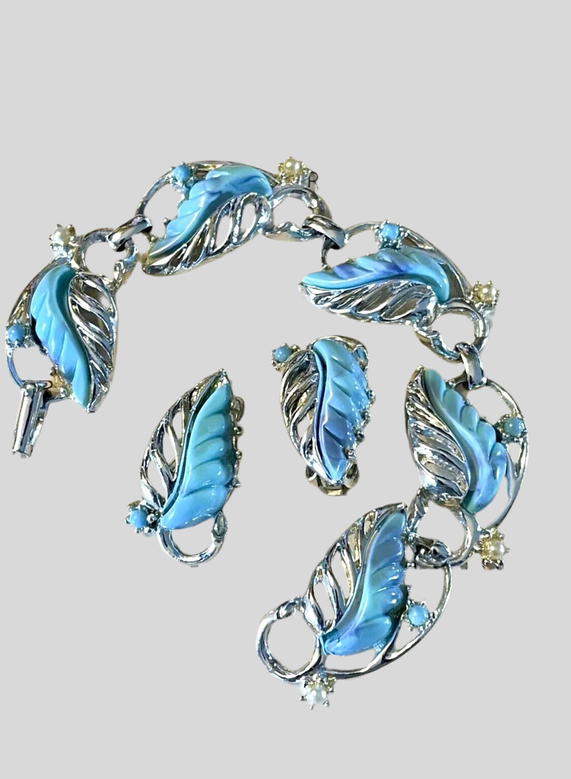 Vintage Faux Turquoise Silver Tone Bracelet With Earrings