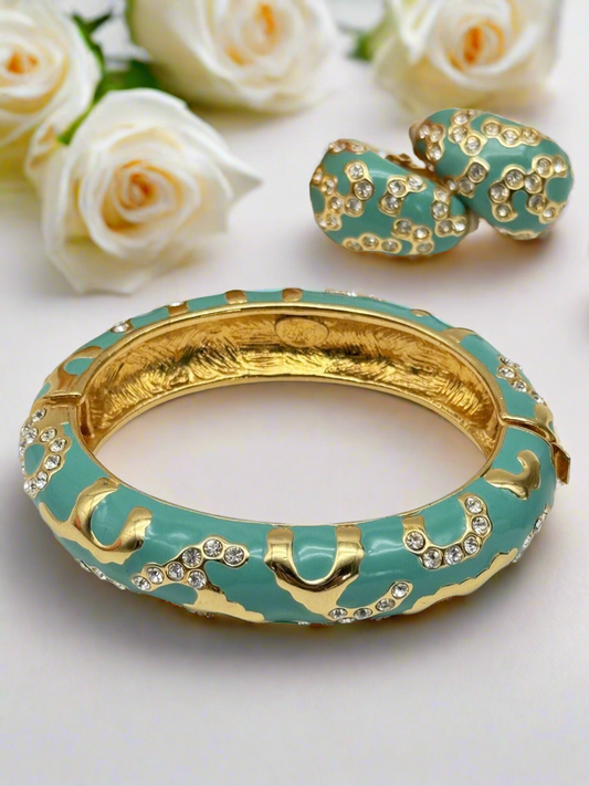 Vintage Joan Rivers Turquoise Colored Enamel Rhinestone Bangle + Earrings