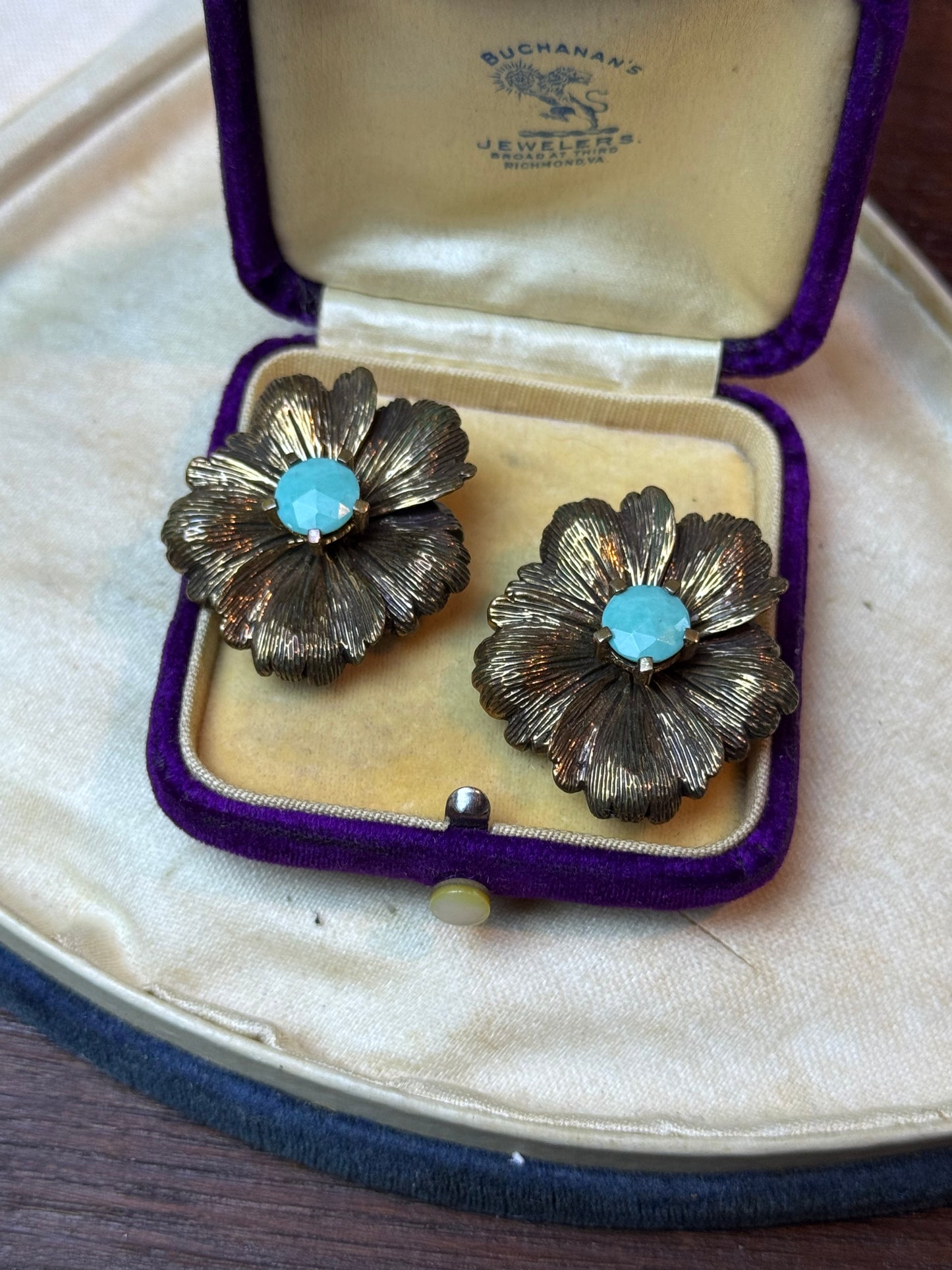 Stephen Dweck Sterling 925 Flower Clip Earrings Blue Green Stone Signed 1.25”