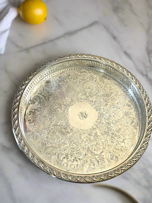 Silverplate Gallery Tray Round by Rogers “Spring Flower” Monogram VINTAGE