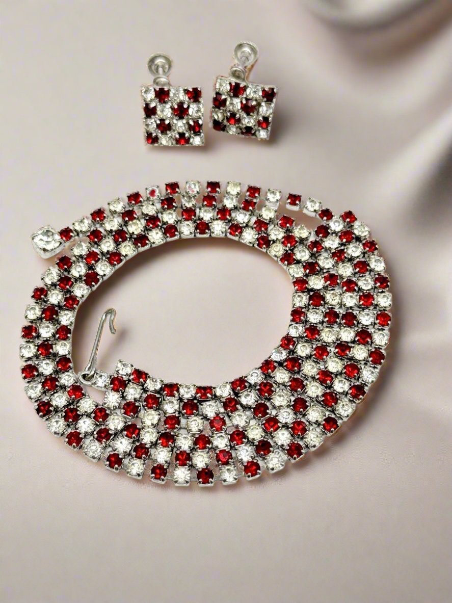 Vintage Checkered Red & Clear Rhinestone Choker + Earring Set