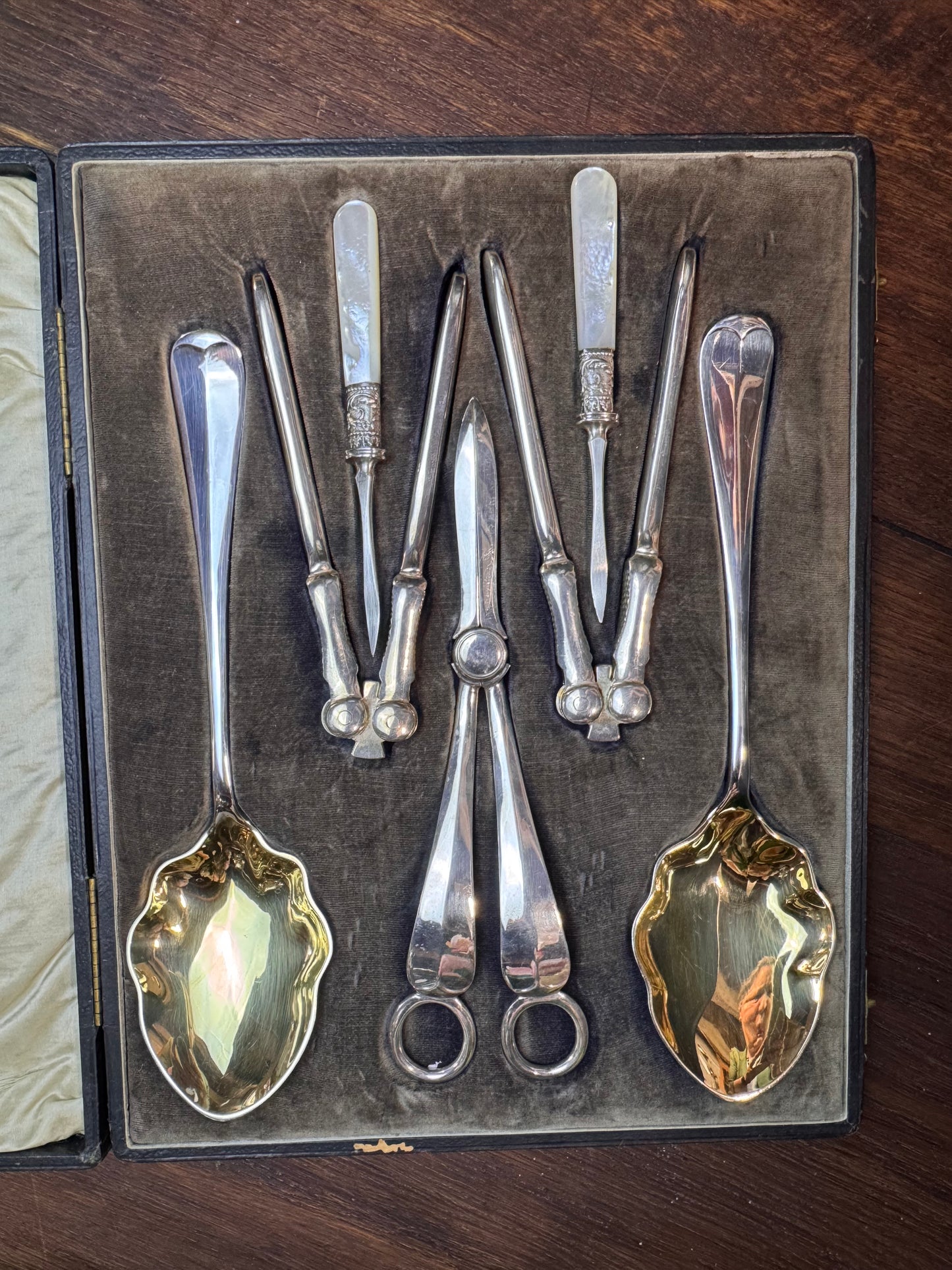 Vintage Dessert Set Walker Hall Sheffield Silver-plate Gold Wash Berry Spoons, Grape Shears, Nutcrackers & Picks MOP in Case