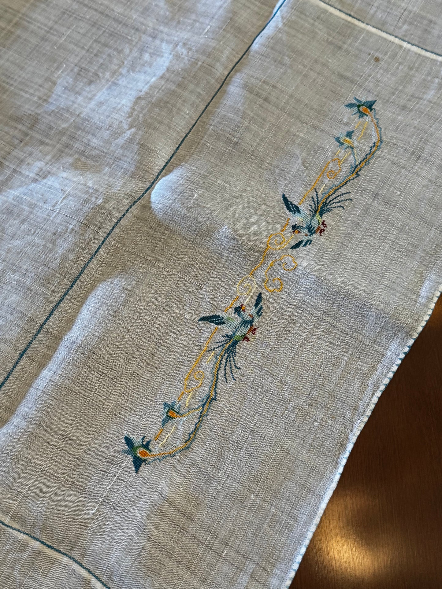 Vintage Linen Table Topper Pair Phoenix Bird Motif Embroidered Chinoiserie Style