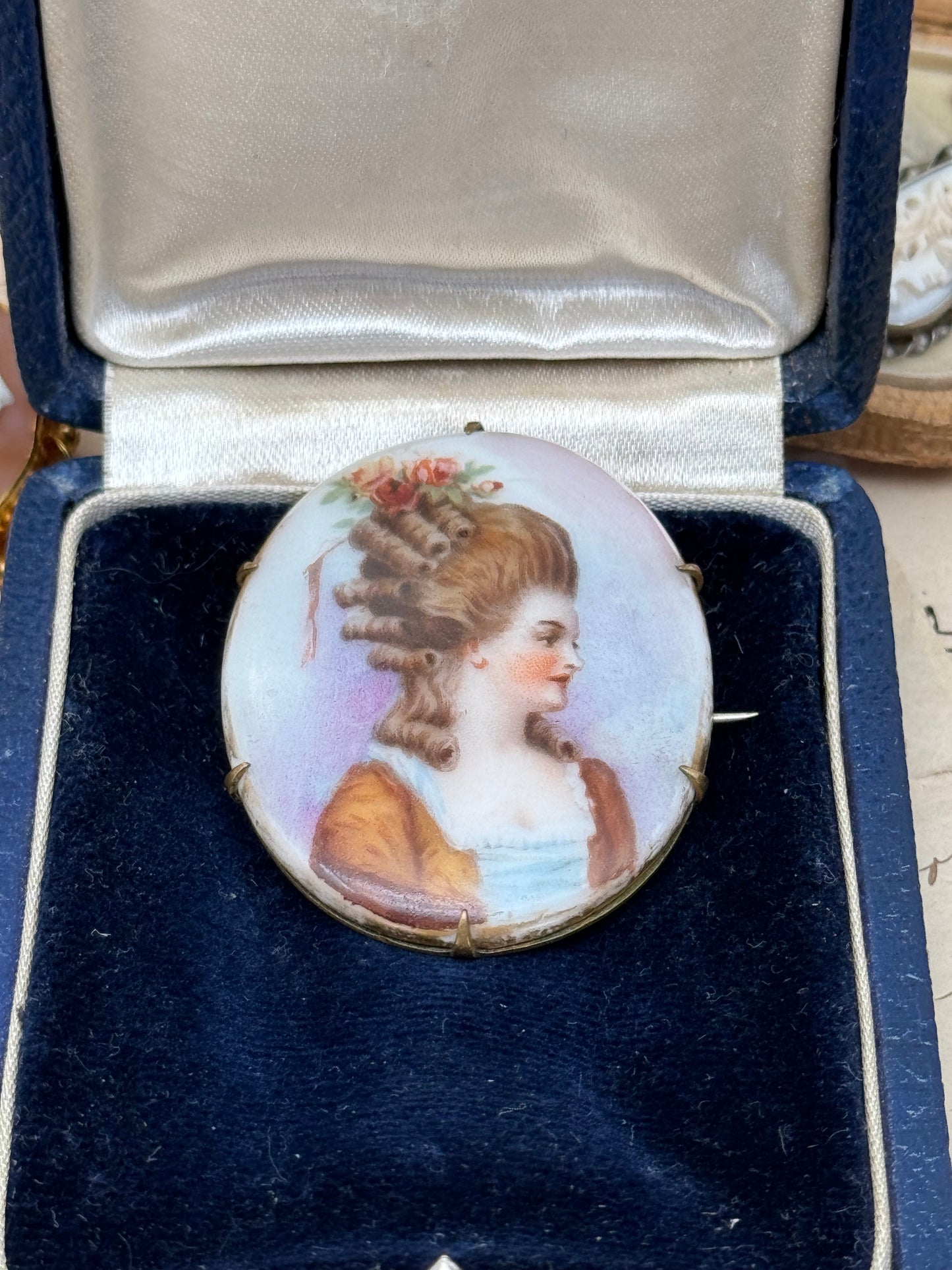 Antique French Style Miniature Brooch Porcelain Lady Roses In Hair