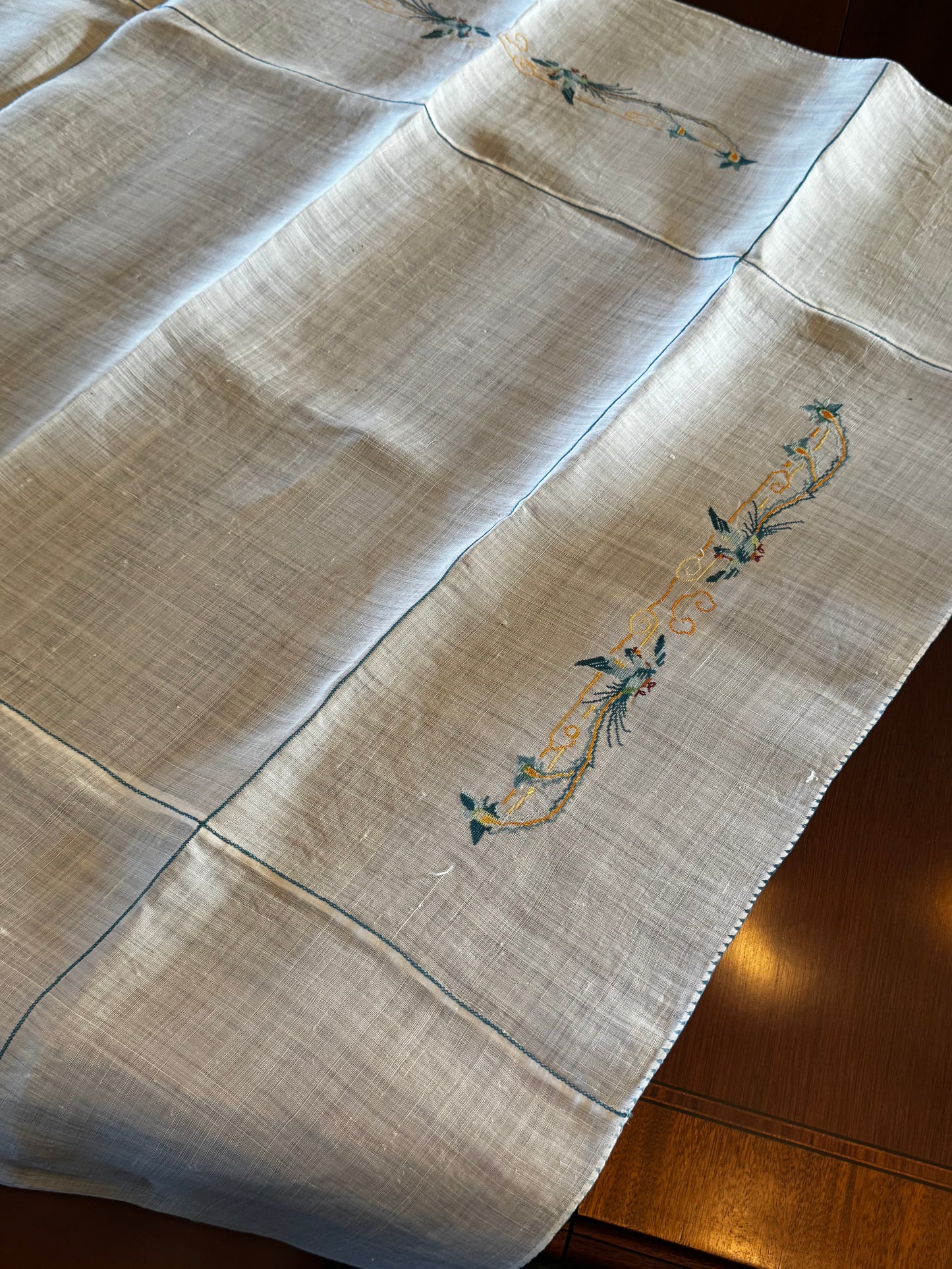 Vintage Linen Table Topper Pair Phoenix Bird Motif Embroidered Chinoiserie Style