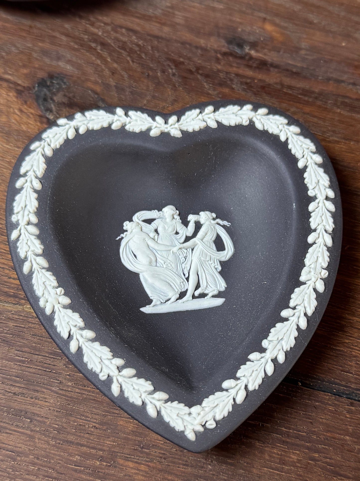 Vintage Wedgwood Jasperware Heart Dish Black White Three Graces 4.5”