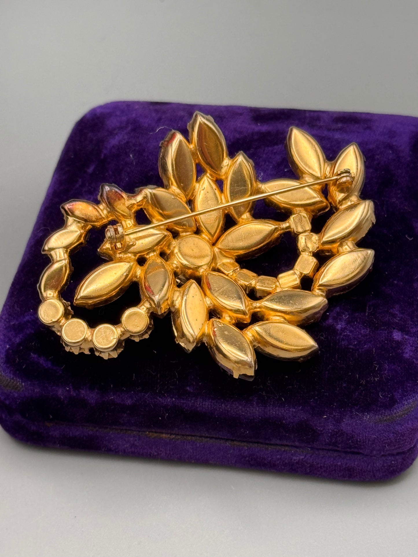 Vintage Rhinestone Brooch AB Navette Amber Glass Pink Crystal Floral 3”