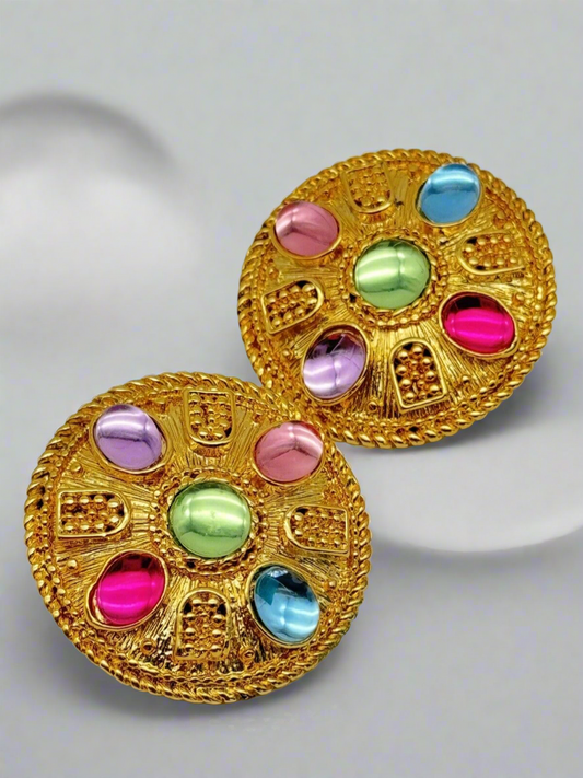 Vintage 80s Earrings Goldtone Rhinestone Coin Style Pastel Cabochon Rhinestones