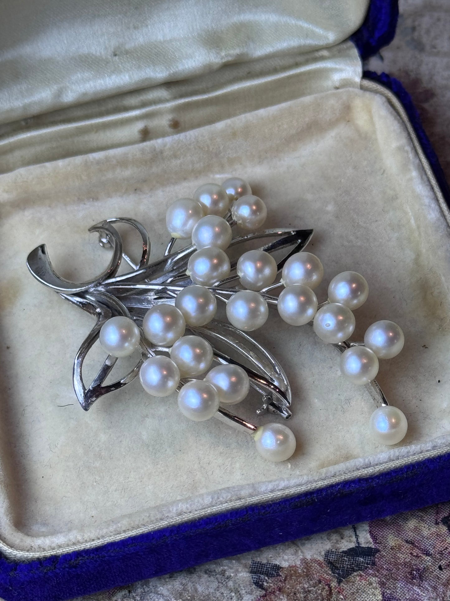 Vintage Sterling Silver Cultured Pearl Floral Spray Brooch 3” Mid Century Pin