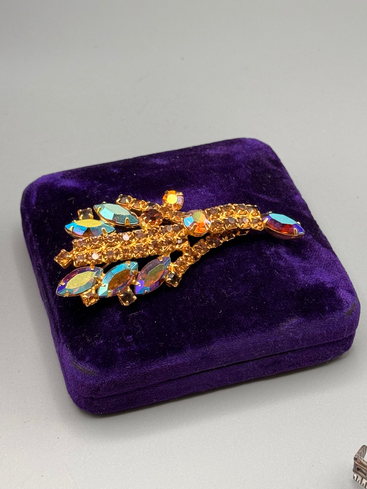 Vintage AB Rhinestone Brooch Goldtone Floral Spray Statement Pin 4” Large