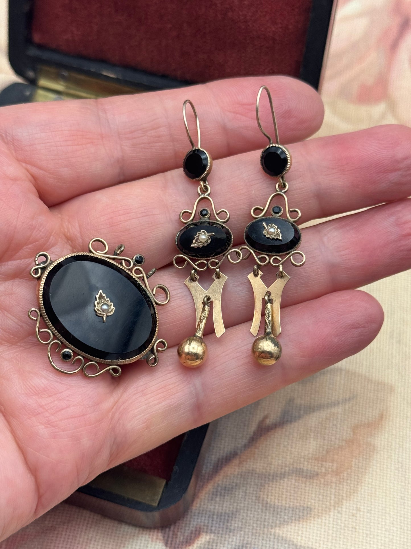Victorian Gold-Filled Onyx & Seed Pearl Brooch & Earrings Set - Mourning